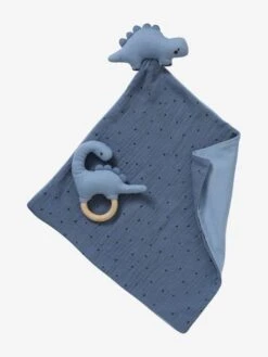 Doudou En Gaze De Coton + Hochet En Bois PETIT DINO Multicolore - Vertbaudet